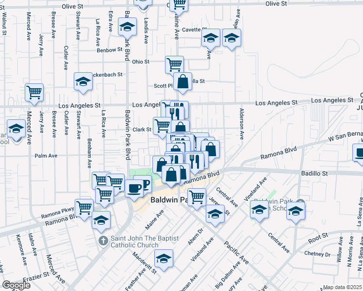 map of restaurants, bars, coffee shops, grocery stores, and more near 4223 Maine Avenue in Baldwin Park