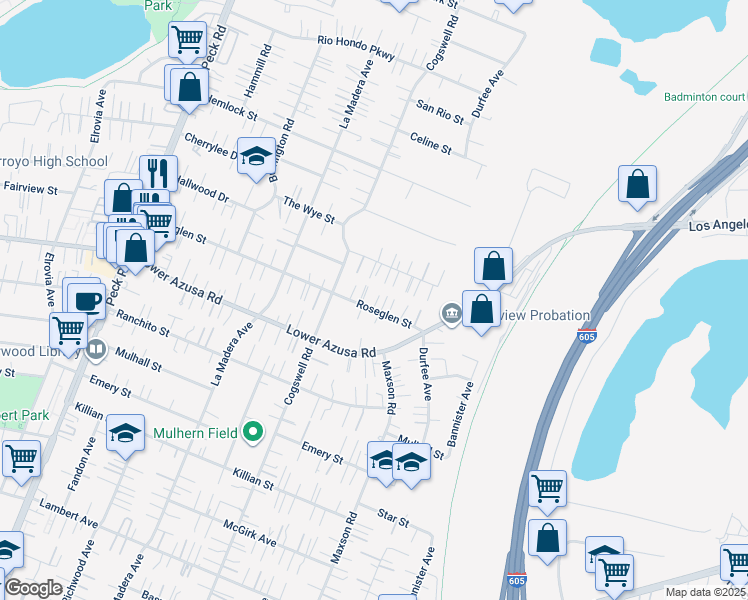 map of restaurants, bars, coffee shops, grocery stores, and more near 12109 Roseglen Street in El Monte