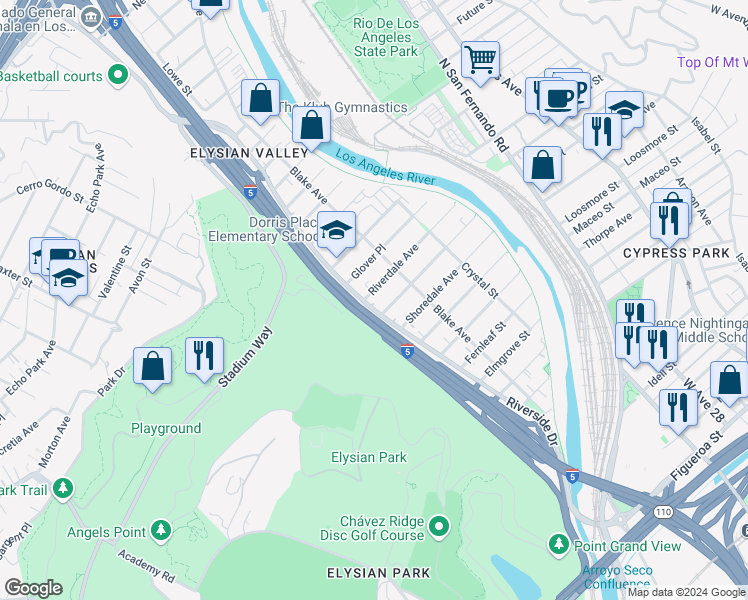map of restaurants, bars, coffee shops, grocery stores, and more near 2224 Riverdale Avenue in Los Angeles