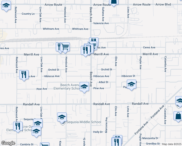 map of restaurants, bars, coffee shops, grocery stores, and more near 9059 Beech Avenue in Fontana