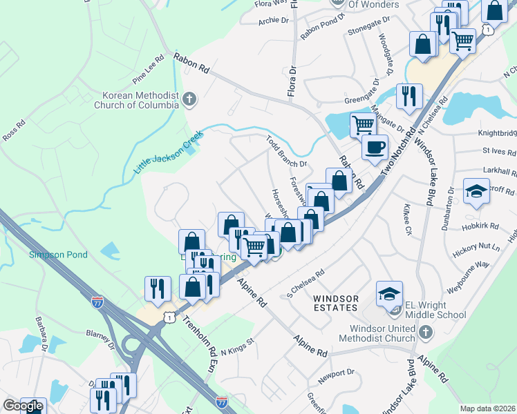 map of restaurants, bars, coffee shops, grocery stores, and more near 125 Weir Road in Columbia