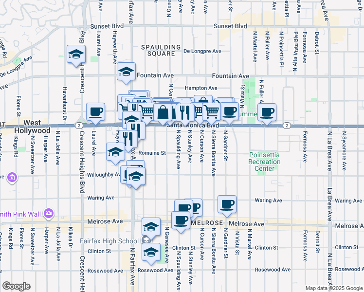 map of restaurants, bars, coffee shops, grocery stores, and more near 1014 North Spaulding Avenue in West Hollywood