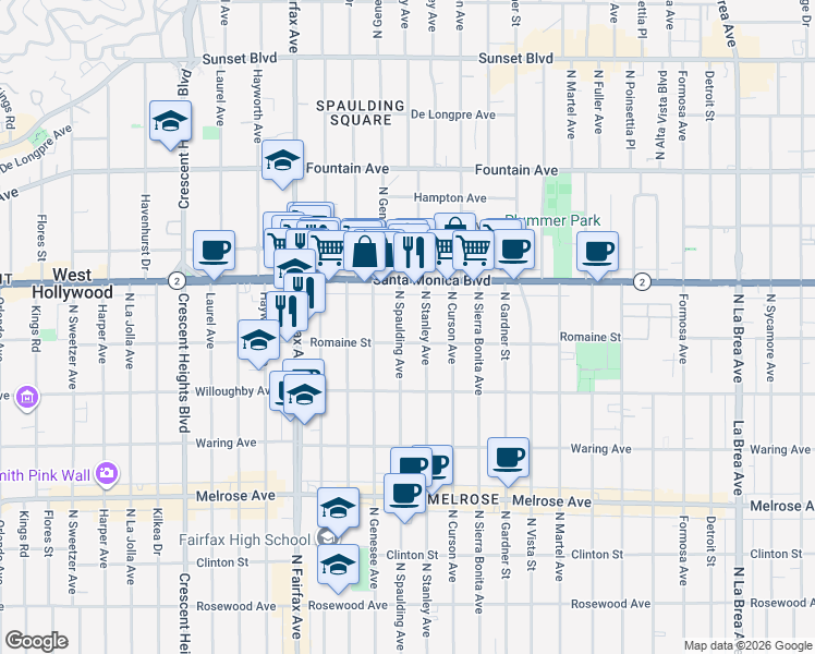 map of restaurants, bars, coffee shops, grocery stores, and more near 1014 North Spaulding Avenue in West Hollywood