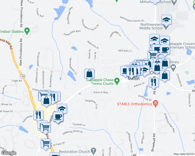 map of restaurants, bars, coffee shops, grocery stores, and more near 12617 Lecoma Trace in Milton