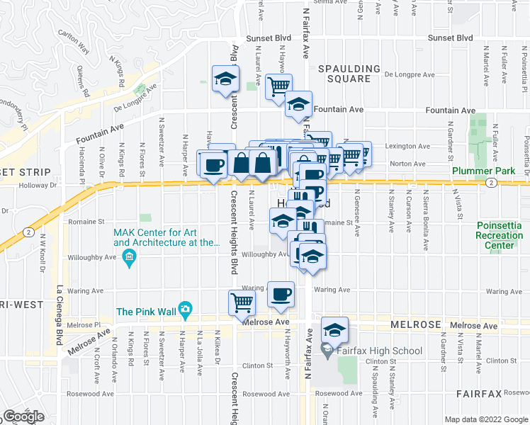map of restaurants, bars, coffee shops, grocery stores, and more near 1015 North Edinburgh Avenue in Los Angeles