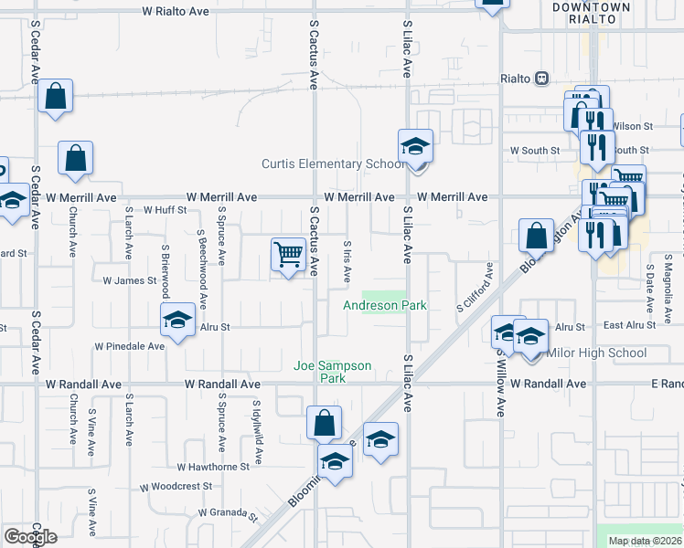 map of restaurants, bars, coffee shops, grocery stores, and more near 685 South Yucca Avenue in Rialto