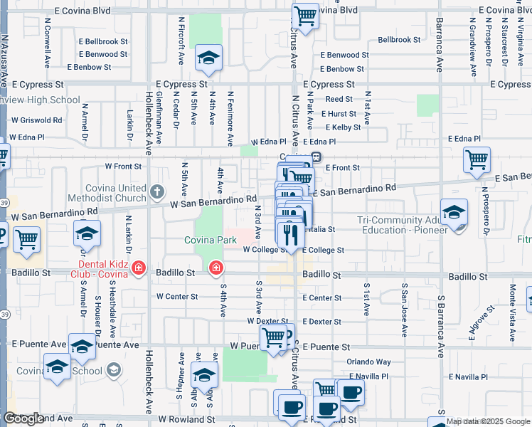 map of restaurants, bars, coffee shops, grocery stores, and more near 402 Shelby Lane in Covina