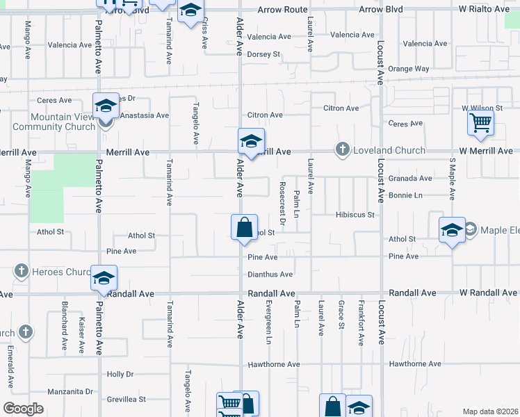 map of restaurants, bars, coffee shops, grocery stores, and more near 9061 Amber Court in Fontana