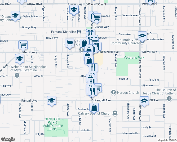 map of restaurants, bars, coffee shops, grocery stores, and more near 9068 Sierra Avenue in Fontana