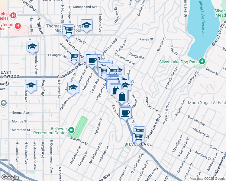 map of restaurants, bars, coffee shops, grocery stores, and more near 3503 Sunset Boulevard in Los Angeles