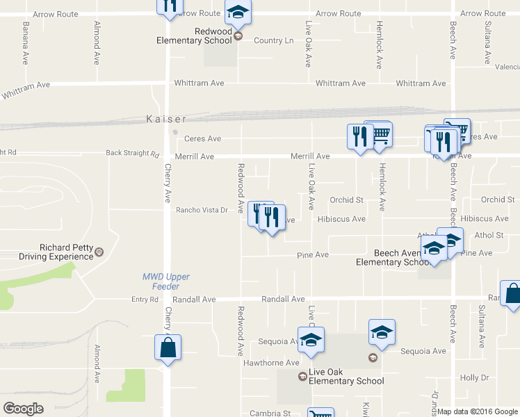 map of restaurants, bars, coffee shops, grocery stores, and more near 9055 Islay Avenue in Fontana