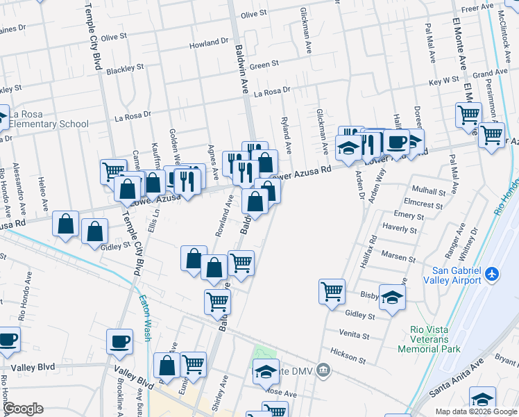 map of restaurants, bars, coffee shops, grocery stores, and more near 4520 Baldwin Avenue in El Monte
