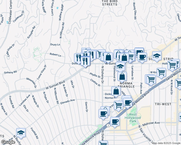map of restaurants, bars, coffee shops, grocery stores, and more near 9171 Phyllis Street in West Hollywood