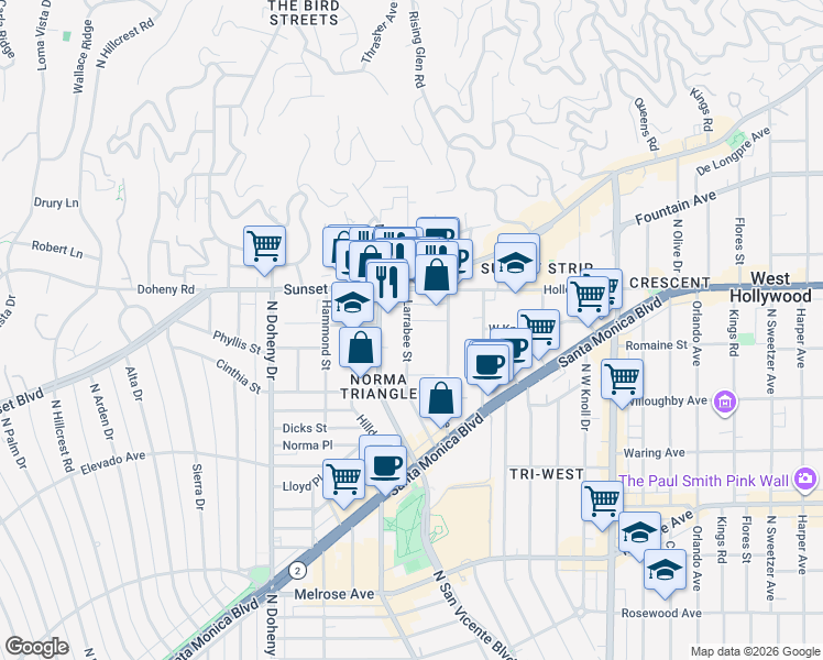 map of restaurants, bars, coffee shops, grocery stores, and more near 976 Larrabee Street in West Hollywood