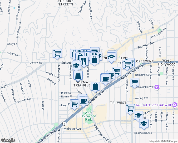 map of restaurants, bars, coffee shops, grocery stores, and more near 965 Larrabee Street in West Hollywood