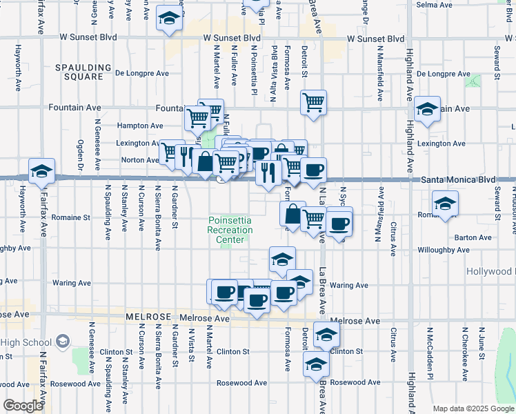 map of restaurants, bars, coffee shops, grocery stores, and more near 1000 North Poinsettia Place in Los Angeles