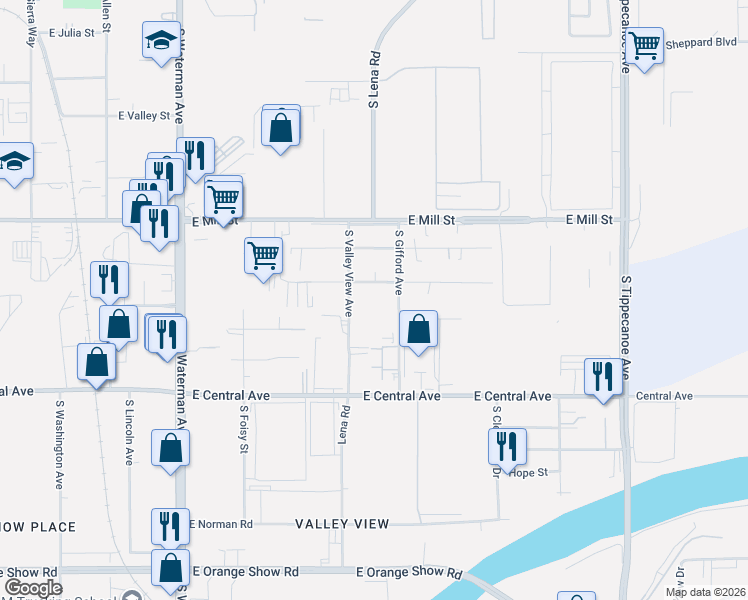 map of restaurants, bars, coffee shops, grocery stores, and more near 691 East Santa Fe Street in San Bernardino