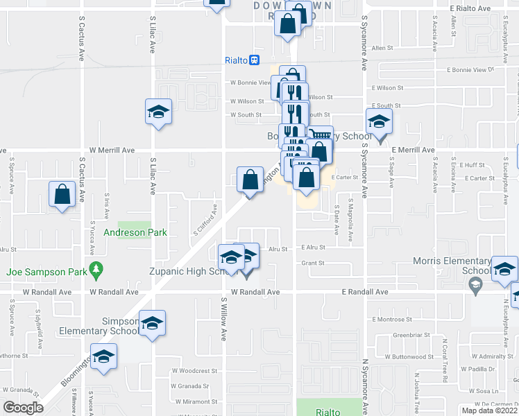 map of restaurants, bars, coffee shops, grocery stores, and more near 156 West Vodden Street in Rialto