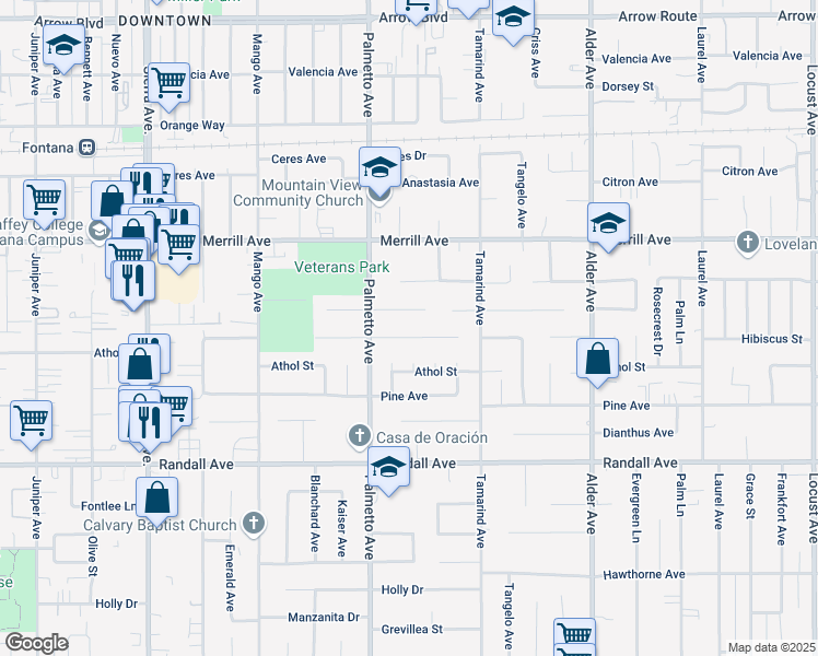 map of restaurants, bars, coffee shops, grocery stores, and more near 17336 Hibiscus Street in Fontana
