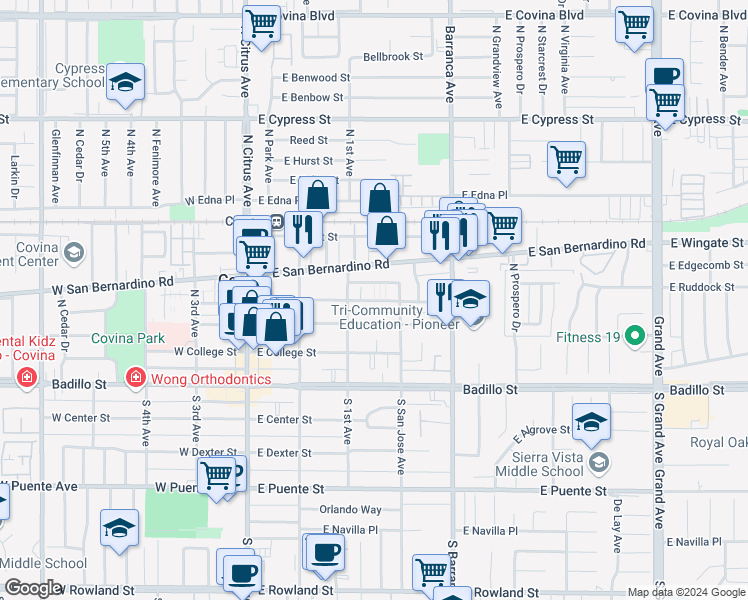 map of restaurants, bars, coffee shops, grocery stores, and more near 328 East School Street in Covina