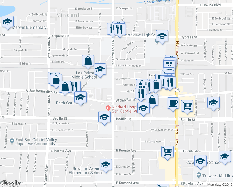 map of restaurants, bars, coffee shops, grocery stores, and more near in Covina