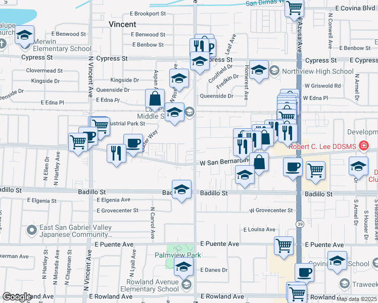 map of restaurants, bars, coffee shops, grocery stores, and more near in Covina