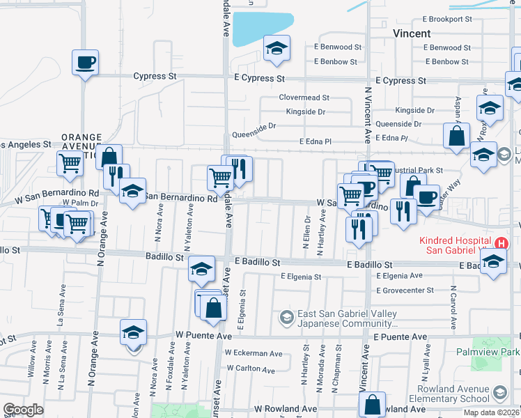 map of restaurants, bars, coffee shops, grocery stores, and more near 16086 East San Bernardino Road in Covina