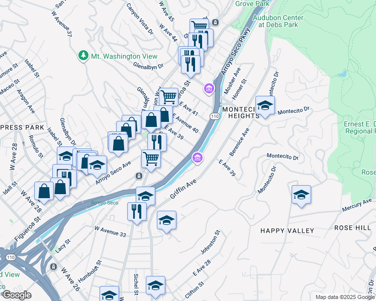 map of restaurants, bars, coffee shops, grocery stores, and more near 245 East Avenue 38 in Los Angeles