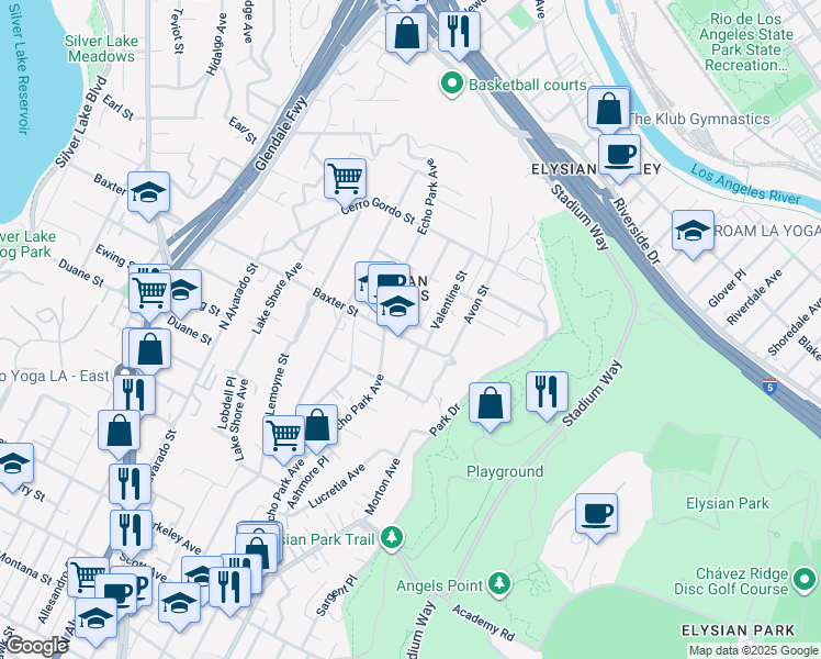 map of restaurants, bars, coffee shops, grocery stores, and more near 1562 Baxter Street in Los Angeles
