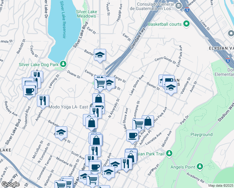 map of restaurants, bars, coffee shops, grocery stores, and more near 2109 Duane Street in Los Angeles