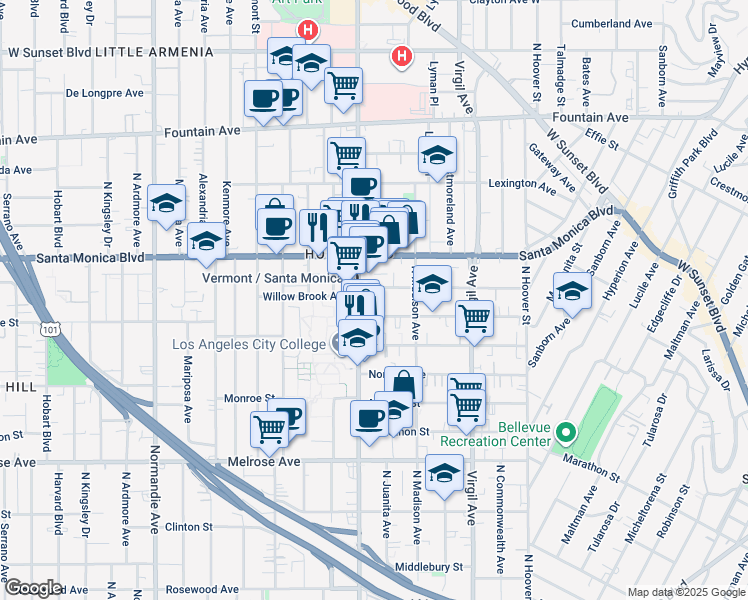 map of restaurants, bars, coffee shops, grocery stores, and more near 954 North Vermont Avenue in Los Angeles
