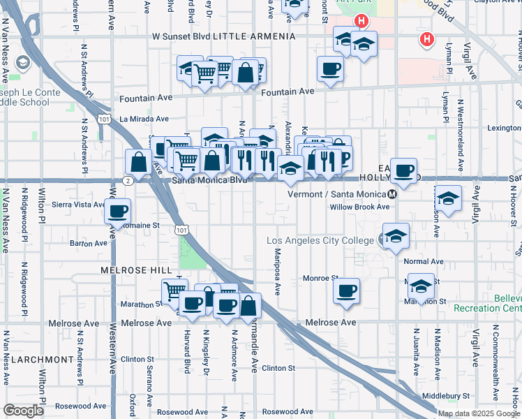 map of restaurants, bars, coffee shops, grocery stores, and more near 1012 North Normandie Avenue in Los Angeles