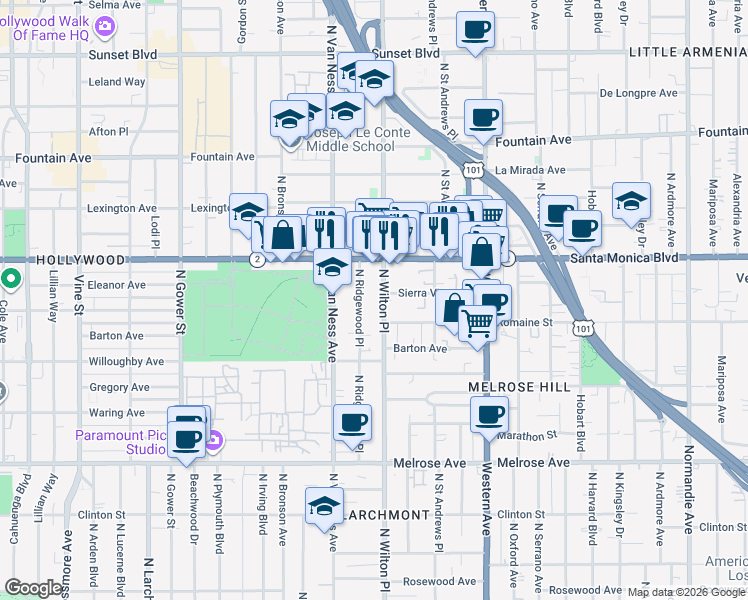 map of restaurants, bars, coffee shops, grocery stores, and more near 1023 North Wilton Place in Los Angeles