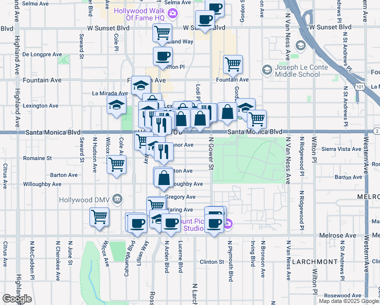 map of restaurants, bars, coffee shops, grocery stores, and more near 6101 Romaine Street in Los Angeles