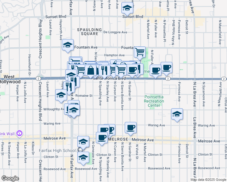 map of restaurants, bars, coffee shops, grocery stores, and more near 1008 North Stanley Avenue in West Hollywood