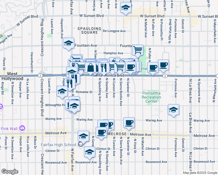 map of restaurants, bars, coffee shops, grocery stores, and more near 1008 North Stanley Avenue in West Hollywood