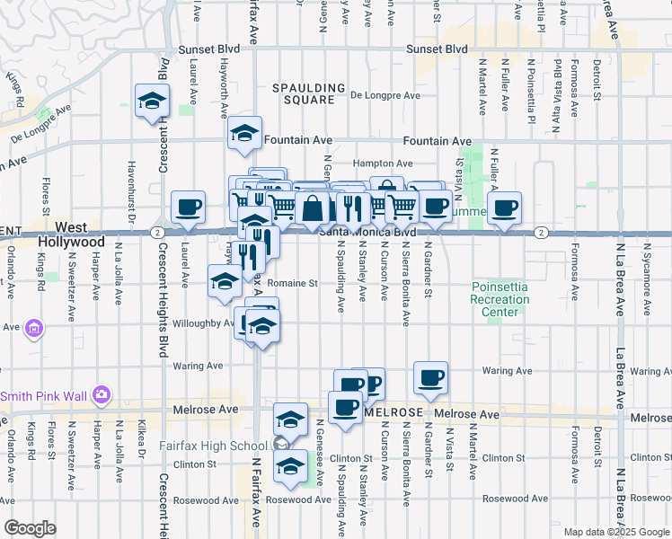 map of restaurants, bars, coffee shops, grocery stores, and more near 7741 Romaine Street in West Hollywood