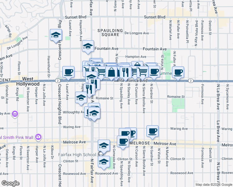 map of restaurants, bars, coffee shops, grocery stores, and more near 7741 Romaine Street in West Hollywood