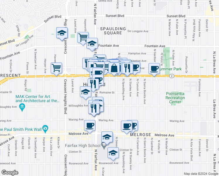 map of restaurants, bars, coffee shops, grocery stores, and more near 1004 1/2 North Ogden Drive in West Hollywood