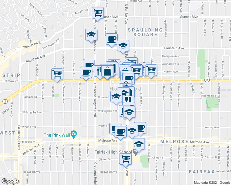 map of restaurants, bars, coffee shops, grocery stores, and more near 1000 North Edinburgh Avenue in West Hollywood