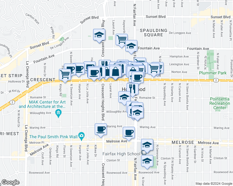 map of restaurants, bars, coffee shops, grocery stores, and more near 1000 North Edinburgh Avenue in West Hollywood