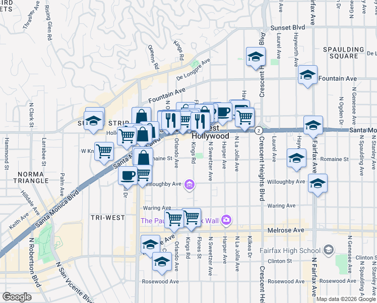 map of restaurants, bars, coffee shops, grocery stores, and more near 8321 Romaine Street in West Hollywood