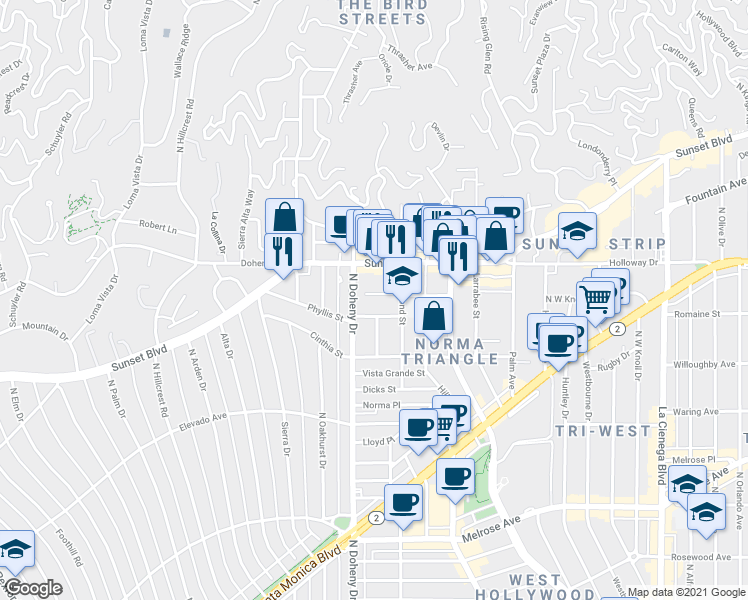 map of restaurants, bars, coffee shops, grocery stores, and more near 9039 Phyllis Avenue in West Hollywood