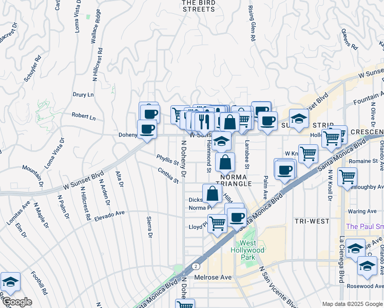 map of restaurants, bars, coffee shops, grocery stores, and more near 9039 Phyllis Avenue in West Hollywood