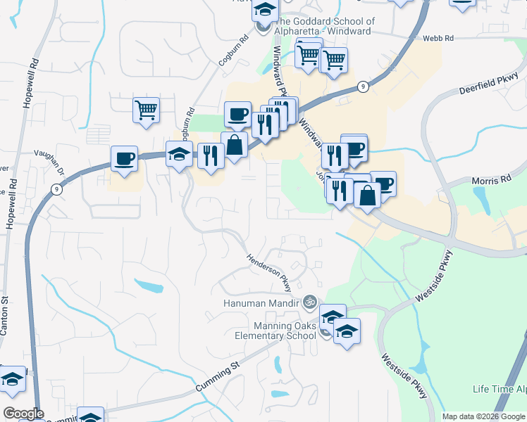 map of restaurants, bars, coffee shops, grocery stores, and more near 2774 Ashleigh Lane in Alpharetta