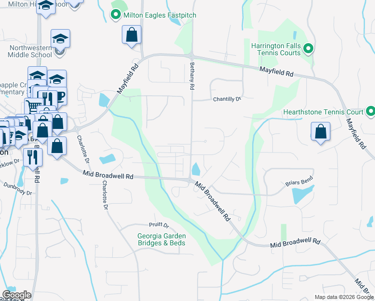map of restaurants, bars, coffee shops, grocery stores, and more near 12560 Bethany Road in Alpharetta