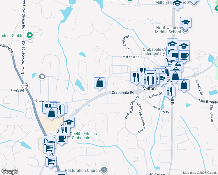 map of restaurants, bars, coffee shops, grocery stores, and more near 12617 Lecoma Trace in Milton