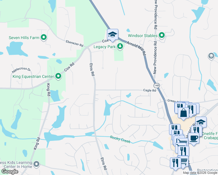 map of restaurants, bars, coffee shops, grocery stores, and more near 355 Cagle Road in Roswell