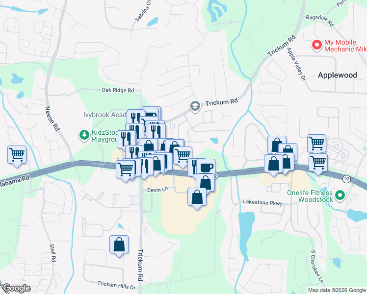 map of restaurants, bars, coffee shops, grocery stores, and more near 406 Aerif Place in Woodstock