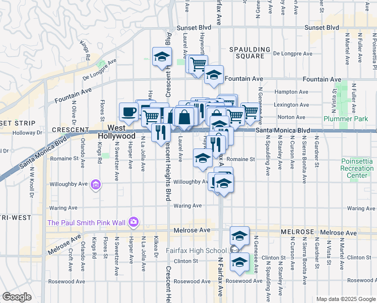map of restaurants, bars, coffee shops, grocery stores, and more near 1015 North Edinburgh Avenue in West Hollywood